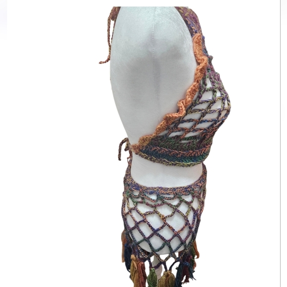 Handmade Crochet Swim Cover-up Fishnet Design Multicolor Rainbow Halter Crop-Top - Picture 7 of 17